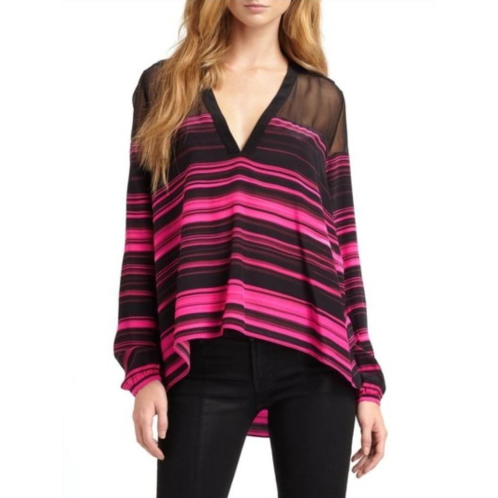 ELIZABETH & JAMES Karin Chroma Striped Silk Chiffon V Neck Blouse Top Pink Black